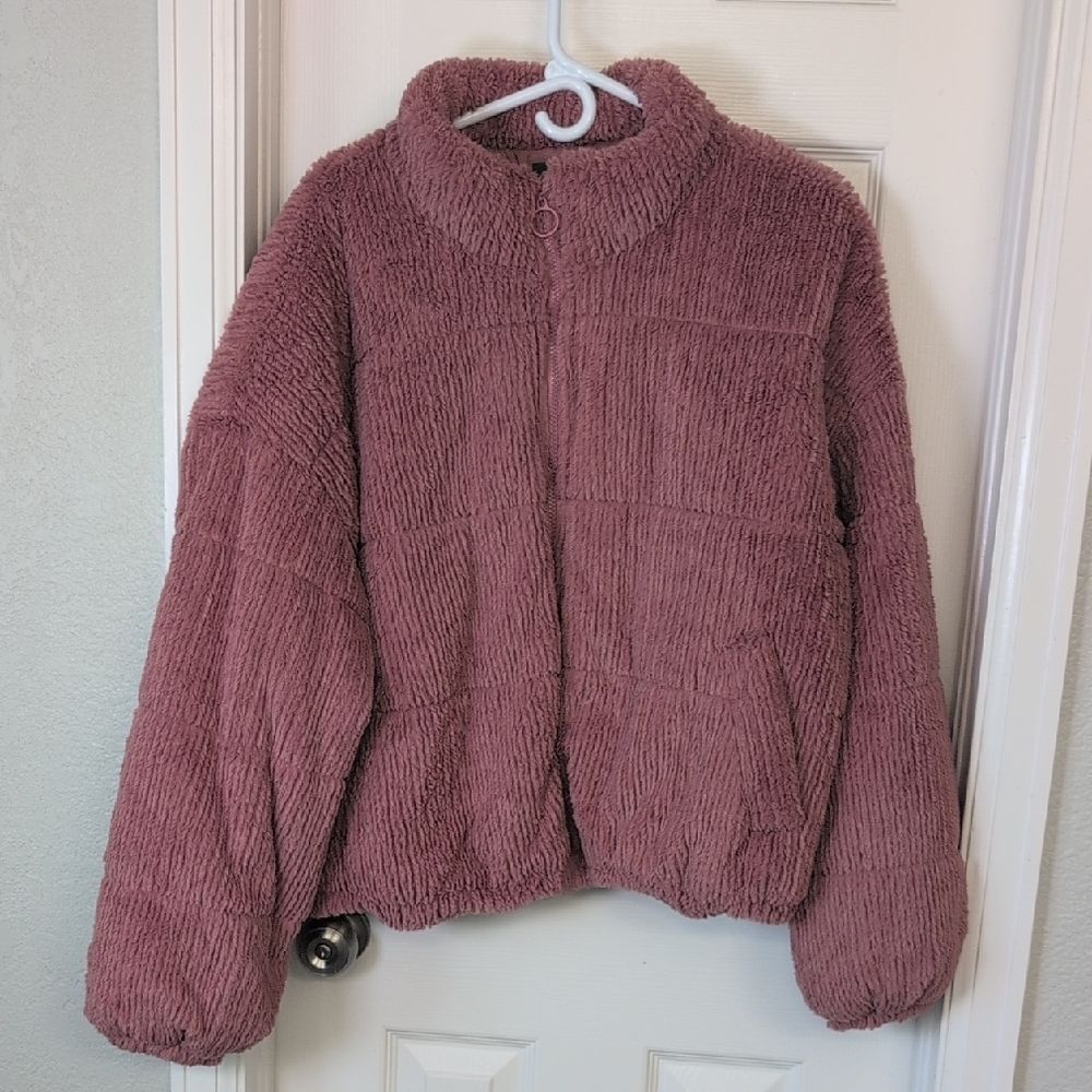 Wild Fable Dusty Rose Pink Fuzzy Fleece Zip Puffer Jacket Sz XXL